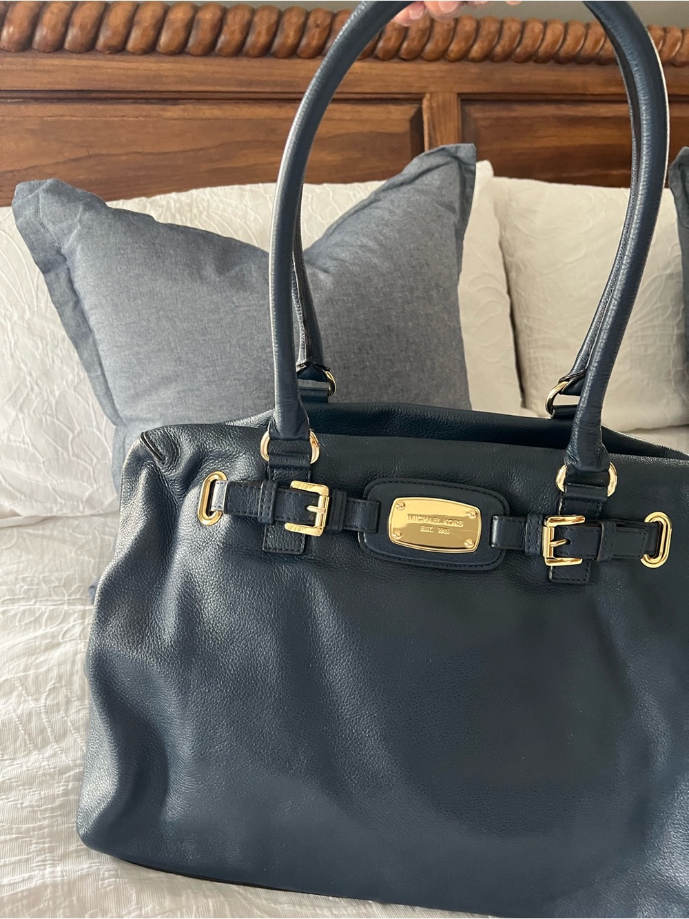 Michael Kors Navy Leather Tote with Gold Hardware